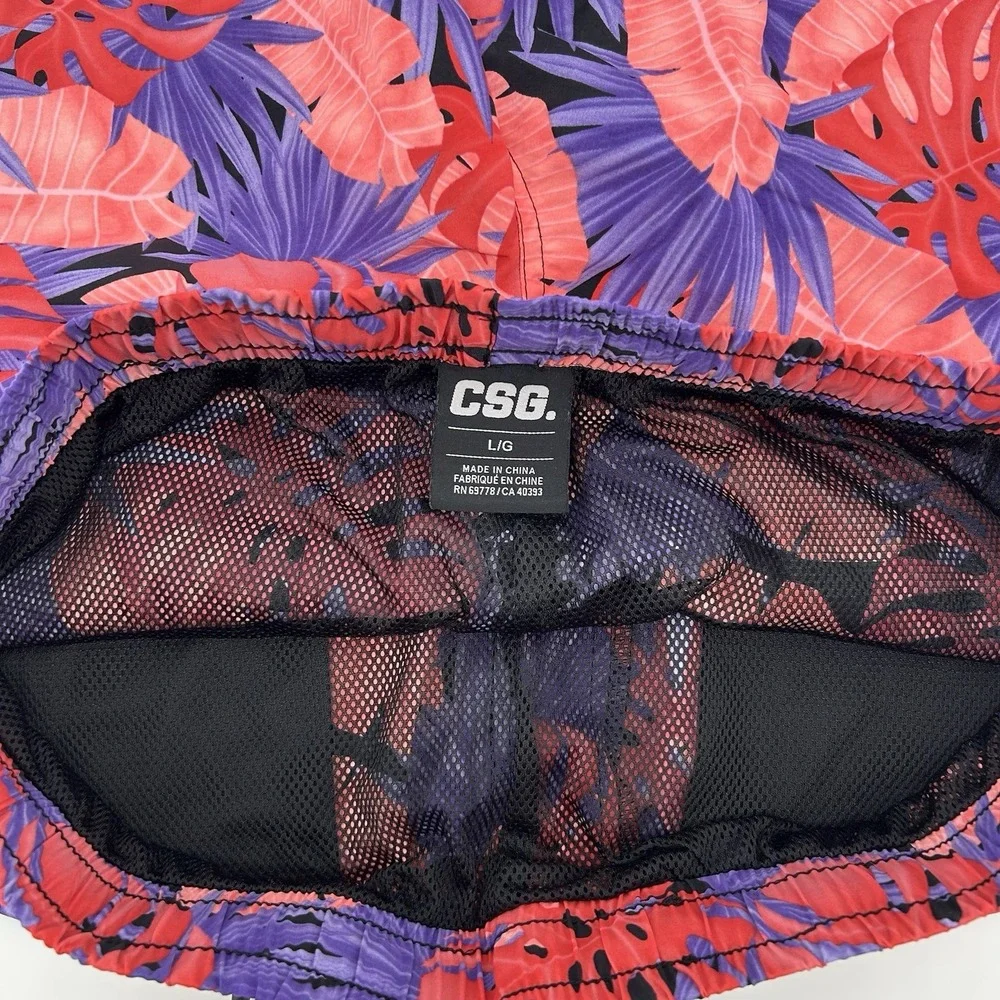 CSG Mens L Tropical Leaf Print Swim Trunks Volley Shorts Drawstring Beach Island